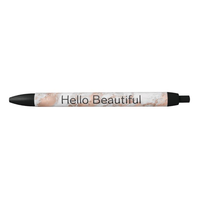 Bolígrafo De Tinta Negra Rosa Oro Mármol Blanco Glitzy (Anverso)