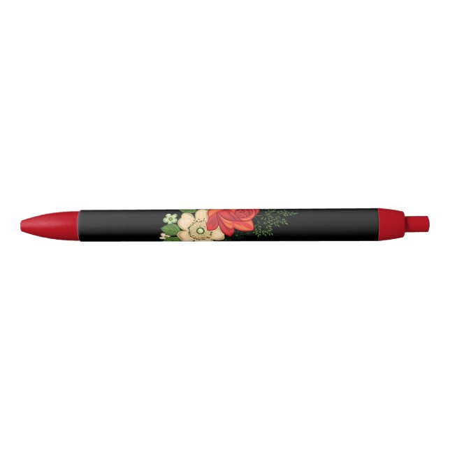 Bolígrafo De Tinta Negra Rosa roja y fondo negro marrón (Anverso)