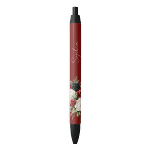 Bolígrafo De Tinta Negra Rosas Florales Negras Rojas Blancas