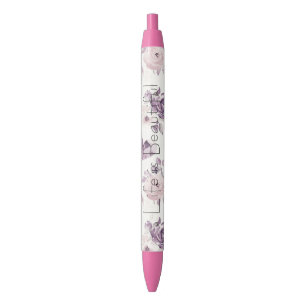 Bolígrafo De Tinta Negra Rosas Flores Rosadas Purpura Lindas