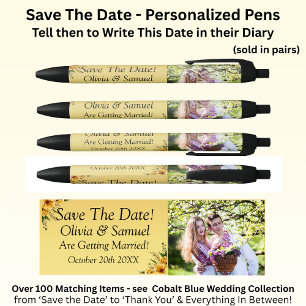 Bolígrafo De Tinta Negra Save the Date - Foto con flores amarillas doradas
