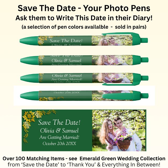 Bolígrafo De Tinta Negra Save The Date - Photo + Emerald Green & Gold (Subido por el creador)