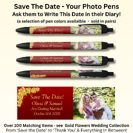 Bolígrafo De Tinta Negra Save The Date - Photo + Gold Flowers Maroon Red