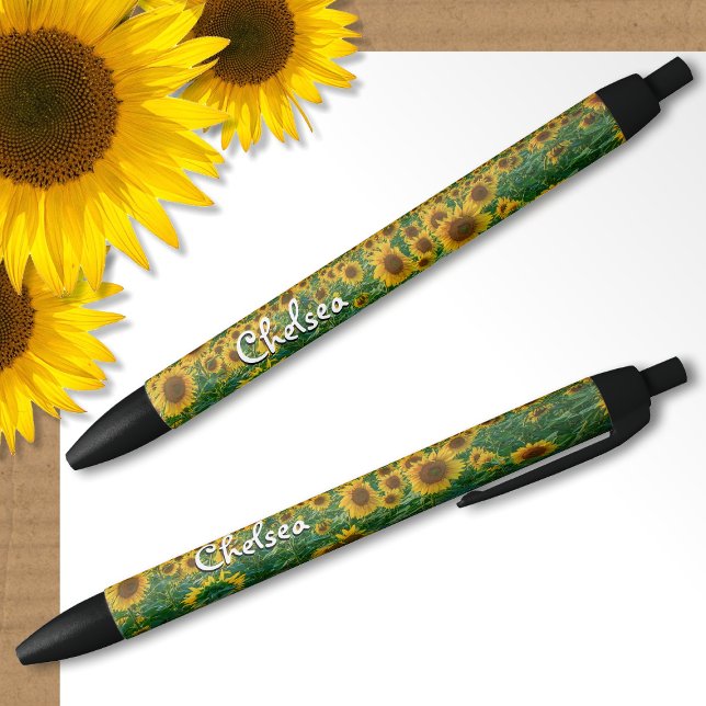 Bolígrafo De Tinta Negra Sunflowers Personalizada Pen Nombre personalizado  (Personalized Sunflower Pen with Name 🌻)