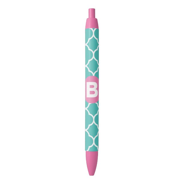 Bolígrafo De Tinta Negra Teal Quatrefoil Pattern Custom Pink Monogram (Frente vertical)