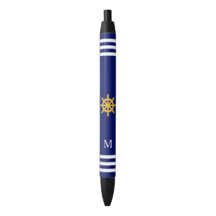 Bolígrafo De Tinta Negra Timón y monograma sobre fondo azul