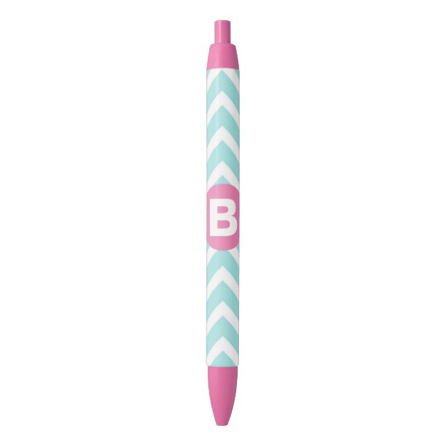 Bolígrafo De Tinta Negra Trendy Light Blue Chevron Pink Monogram (Frente vertical)