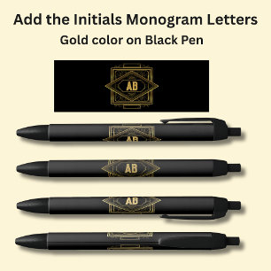 Bolígrafo De Tinta Negra Tu monograma de oro original geométrico en negro