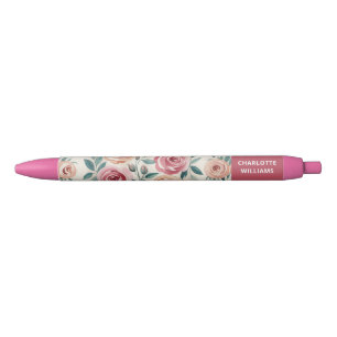 Bolígrafo De Tinta Negra Vuelta al cole adorable patrón acuarela floral ros
