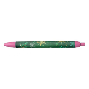 Bolígrafo De Tinta Negra Xmas copos de nieve dorados sobre fondo verde