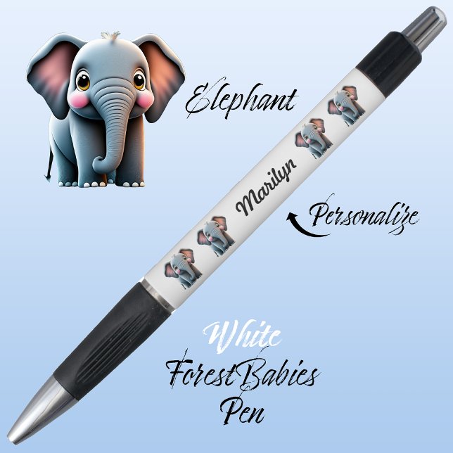 Bolígrafo Elefante, blanco animal de bosque de Safari de la  (Cute Whimsical Elephant  Jungle Safari Animal Cartoon Graphic White Customizable ForestBabies Pen 🐘)