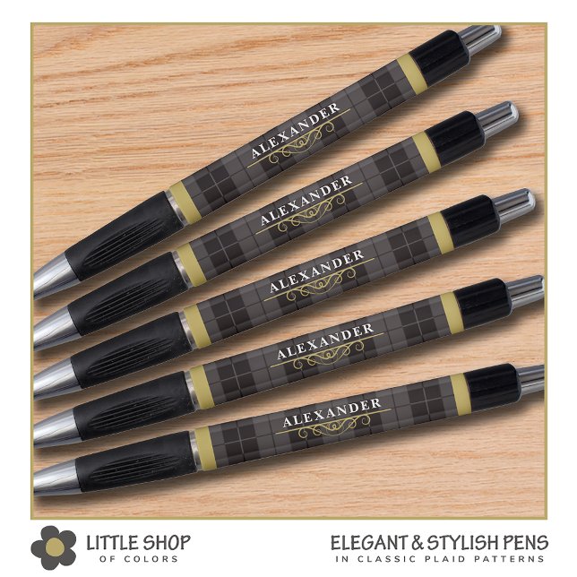 Bolígrafo Elegante Black Gold Tartan Plaid Monogram Pen (Subido por el creador)