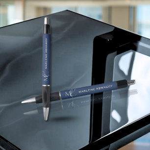 Bolígrafo Elegante Logotipo Monograma Plateado Azul Marino