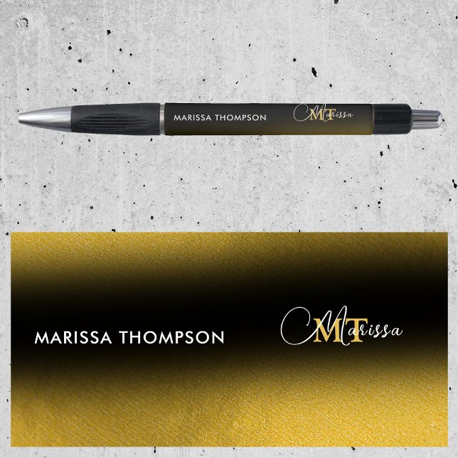 Bolígrafo Elegante Monograma de Nombre con Gradiente de Oro  (Elegant Black Gold Gradient Monogram Script Name Pen)