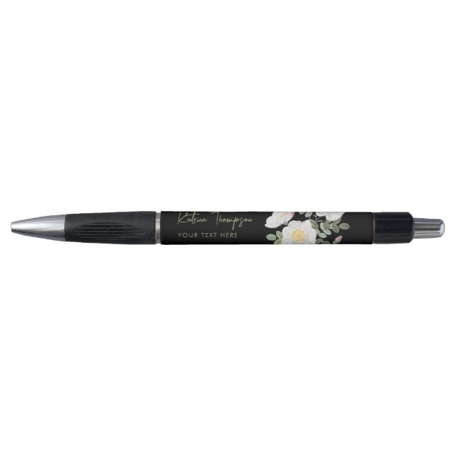 Bolígrafo Elegante Personalizado Negro y Verde Floral (Anverso)