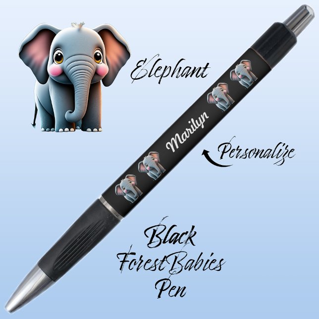 Bolígrafo Elephant Cute Jungle Safari Woodland Animal Black (Cute Whimsical Elephant  Jungle Safari Animal Cartoon Graphic Black Customizable ForestBabies Pen 🐘)