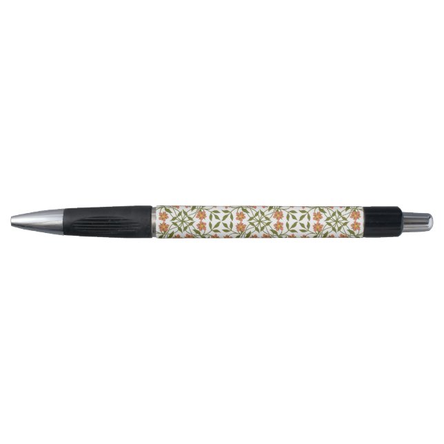 Bolígrafo Flores Naranjas, Patrón Floral, Follaje, Boho (Anverso)