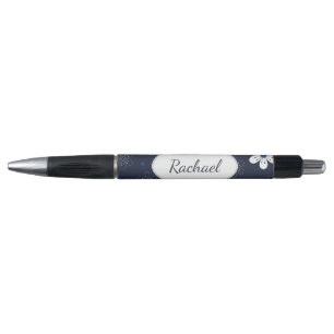 Bolígrafo Flores y lunares de color azul oscuro personalizad