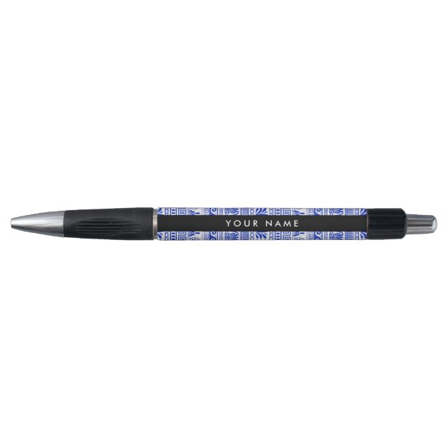 Bolígrafo Fret griego, llave de meandro mixta, azul, tu nomb (Anverso)