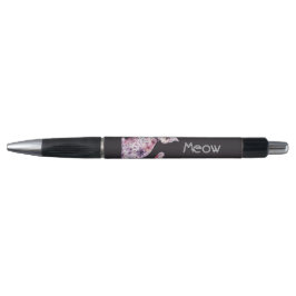 Bolígrafo Gato floral de rosas púrpura rosa bonito negro
