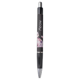 Bolígrafo Gato floral de rosas púrpura rosa bonito negro