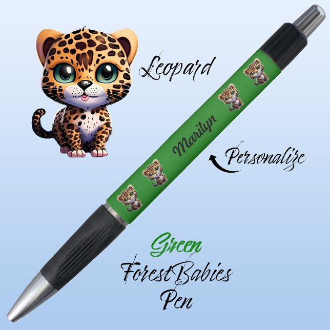 Bolígrafo Leopardo, lindo y singular Gato Kitty Verde (Cute Whimsical Leopard Cartoon Graphic, Green Customizable ForestBabies Pen 🐆)