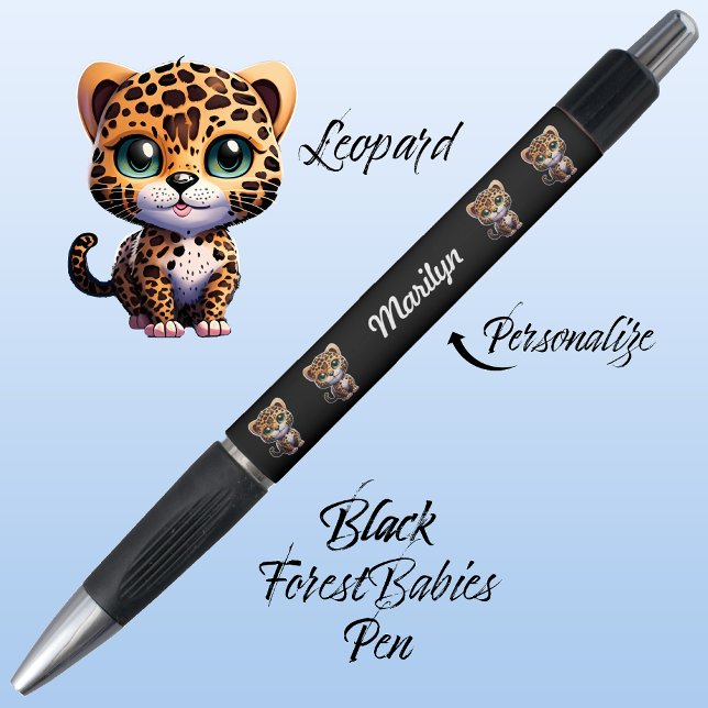 Bolígrafo Leopardo, Personalizado de gatos singular y lindo (Cute Whimsical Leopard Cartoon Graphic, Black Customizable ForestBabies Pen 🐆)