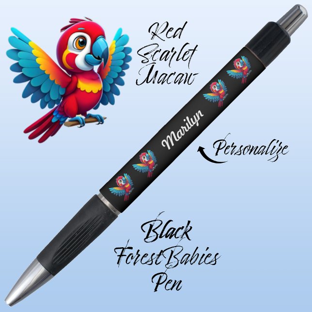 Bolígrafo Loro de Macao, animal negro de ave tropical 🦜 (Cute Whimsical Tropical Macaw Parrot Bird Cartoon Graphic, Black Customizable ForestBabies Pen 🐦🌴)