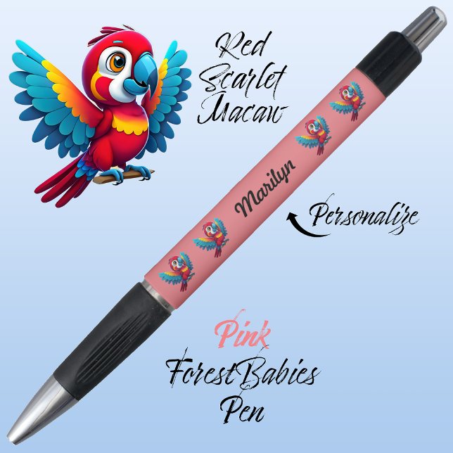 Bolígrafo Loro de Macao, animal tropical de azahar 🦜 rosa (Cute Whimsical Tropical Macaw Parrot Bird Cartoon Graphic, Pink Customizable ForestBabies Pen 🐦🌴)