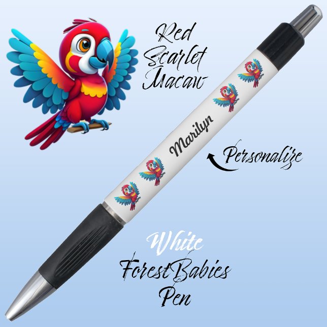 Bolígrafo Loro de Macao, Safari de Aves Tropicales 🦜 Blanco (Cute Whimsical Tropical Macaw Parrot Bird Cartoon Graphic, White Customizable ForestBabies Pen 🐦🌴)