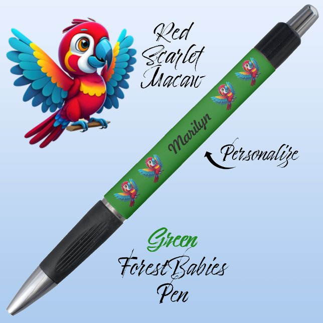 Bolígrafo Loro de Macao, Safari de Aves Tropicales 🦜 Verde (Cute Whimsical Tropical Macaw Parrot Bird Cartoon Graphic, Green Customizable ForestBabies Pen 🐦🌴)