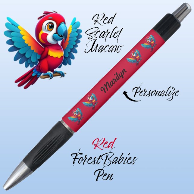 Bolígrafo Loro de Macaw, animal tropical de azahar 🦜 rojo (Cute Whimsical Tropical Macaw Parrot Bird Cartoon Graphic, Red Customizable ForestBabies Pen 🐦🌴)