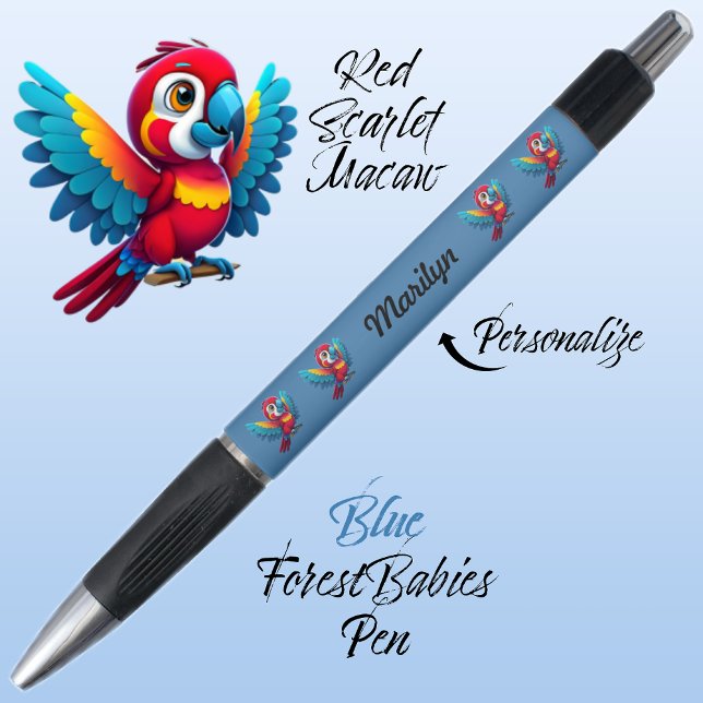Bolígrafo Loro de Macaw, 🦜 azul de animal de ave tropical (Cute Whimsical Tropical Macaw Parrot Bird Cartoon Graphic, Blue Customizable ForestBabies Pen 🐦🌴)