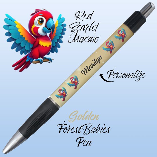Bolígrafo Loro de Macaw, 🦜 de oro animal de ave tropical (Cute Whimsical Tropical Macaw Parrot Bird Cartoon Graphic, Gold Customizable ForestBabies Pen 🐦🌴)
