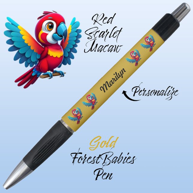 Bolígrafo Loro de Macaw, 🦜 de oro animal de ave tropical (Cute Whimsical Tropical Macaw Parrot Bird Cartoon Graphic, Gold Customizable ForestBabies Pen 🐦🌴)