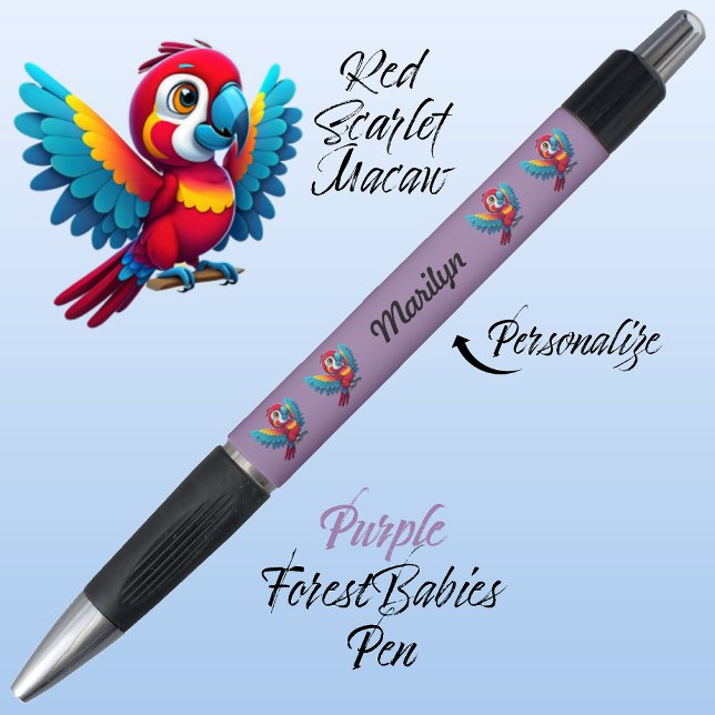 Bolígrafo Macaw Parrot Tropical Bird Safari Animal Purple 🦜 (Cute Whimsical Tropical Macaw Parrot Bird Cartoon Graphic, Purple Customizable ForestBabies Pen 🐦🌴)