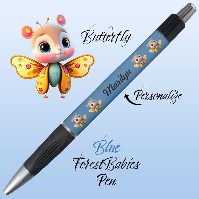 Bolígrafo Mariposa, Carácter Chica caprichoso, azul 🦋 (Cute Whimsical Confident Girl Butterfly Cartoon Graphic, Blue Personalizable ForestBabies Pen 🦋)