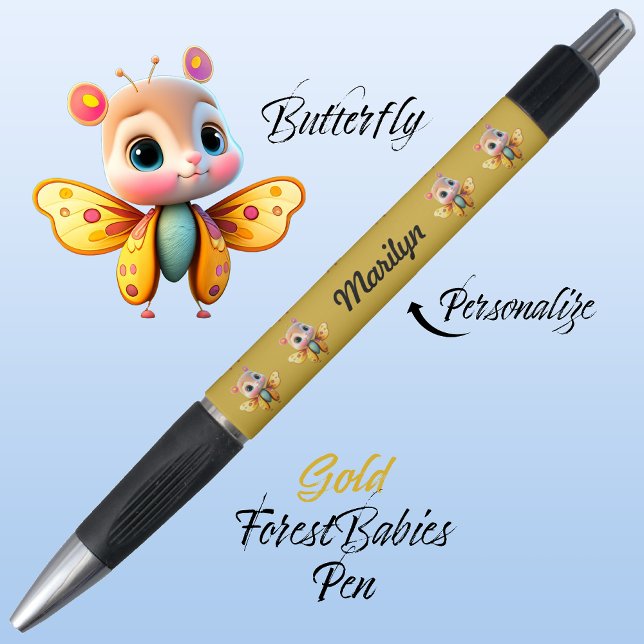Bolígrafo Mariposa, Carácter Chica caprichoso, 🦋 de oro (Cute Whimsical Confident Girl Butterfly Cartoon Graphic, Gold Personalizable ForestBabies Pen 🦋)