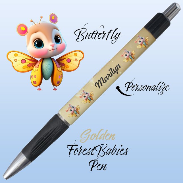 Bolígrafo Mariposa, Carácter Chica caprichoso, 🦋 de oro (Cute Whimsical Confident Girl Butterfly Cartoon Graphic, Gold Customizable ForestBabies Pen 🦋)