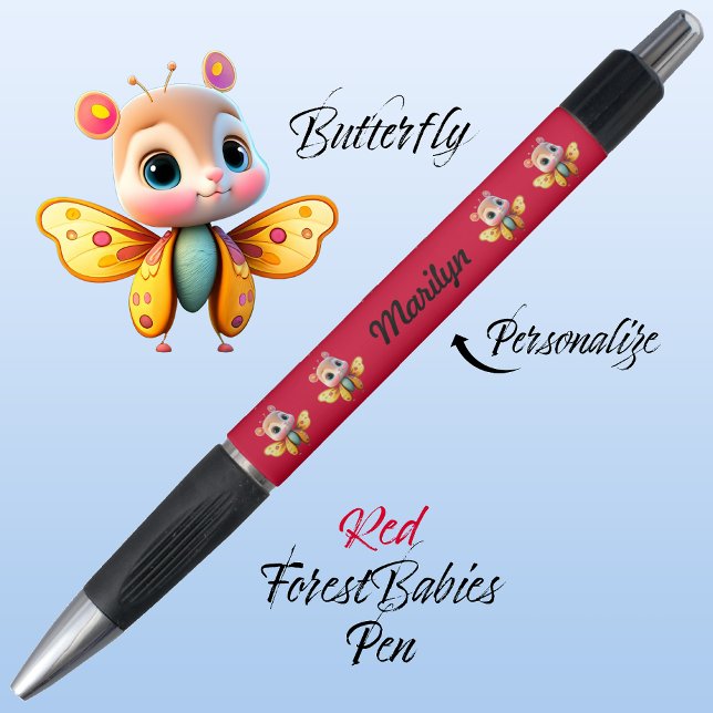 Bolígrafo Mariposa, Carácter Chica caprichoso, rojo 🦋 (Cute Whimsical Confident Girl Butterfly Cartoon Graphic, Red Personalizable ForestBabies Pen 🦋)
