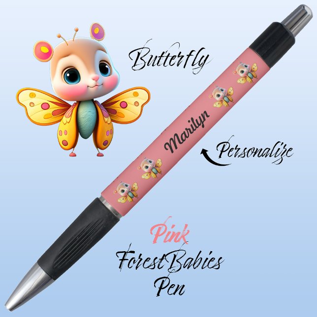 Bolígrafo Mariposa, Carácter Chica caprichoso, rosa 🦋 (Cute Whimsical Confident Girl Butterfly Cartoon Graphic, Pink Personalizable ForestBabies Pen 🦋)