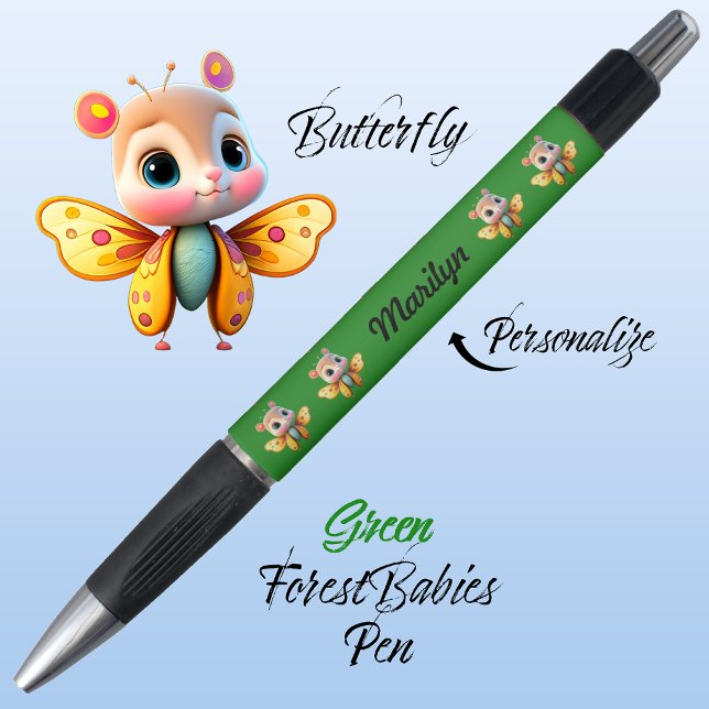 Bolígrafo Mariposa, Carácter Chica caprichoso, 🦋 verde (Cute Whimsical Confident Girl Butterfly Cartoon Graphic, Green Personalizable ForestBabies Pen 🦋)