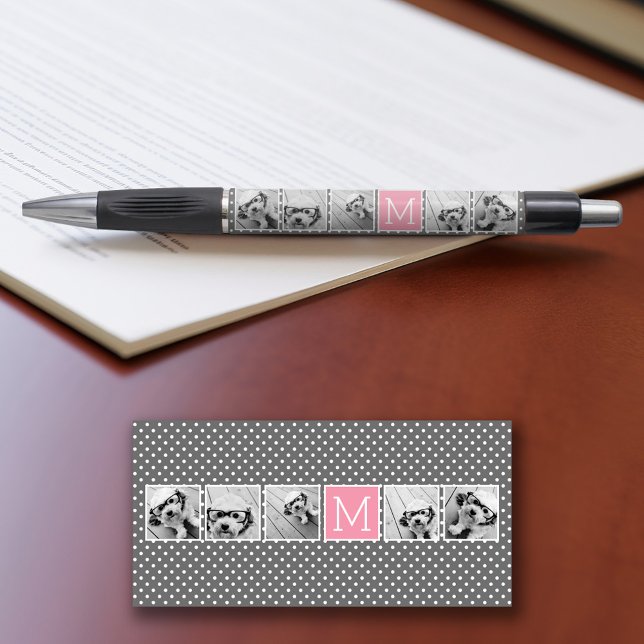 Bolígrafo Monograma de Collage de fotos de lino y gris en In (Personalized writing pens - add your name or other text)