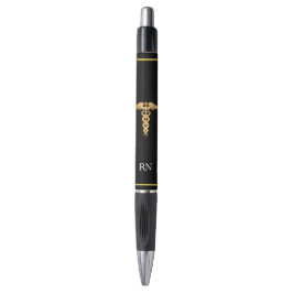 Bolígrafo Monograma de enfermera y caduceo dorado en negro