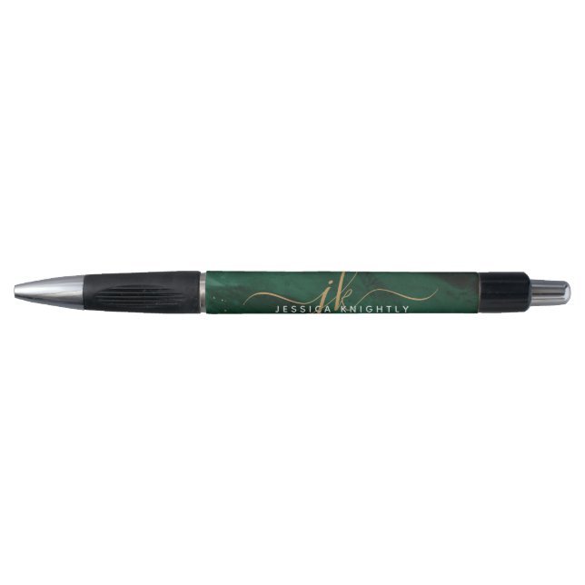 Bolígrafo Monograma de letra script de oro con ágata verde (Anverso)