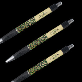 Bolígrafo Monograma de nombre con leopardo verde y oro