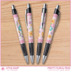 Bolígrafo Monograma floral blanco rosa