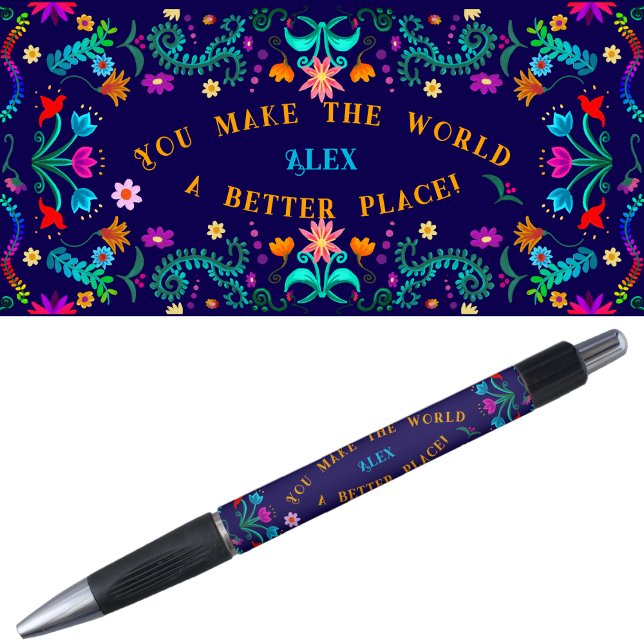 Bolígrafo Motivación y autoconfianza - Fiesta floral (Motivation self-confidence « you make the world a better place » pen  with the entire design.)