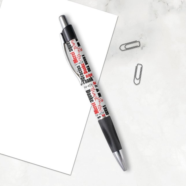 Bolígrafo Multilingual Gracias Word Cloud Black White ( The thank you pen is a nice gift idea for volunteers, teacher or other people you want to thank. )