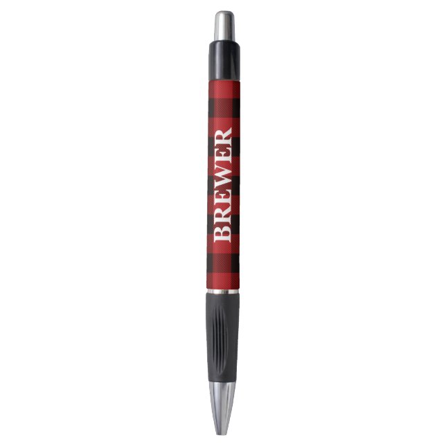 Bolígrafo Nombre de la familia personalizado Red Tartán Pen (Frente vertical)